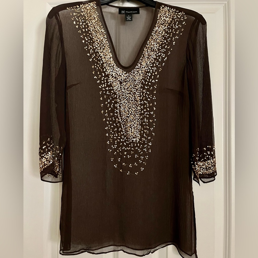 INC Brown Silk Tunic with Gold Sequin Detail